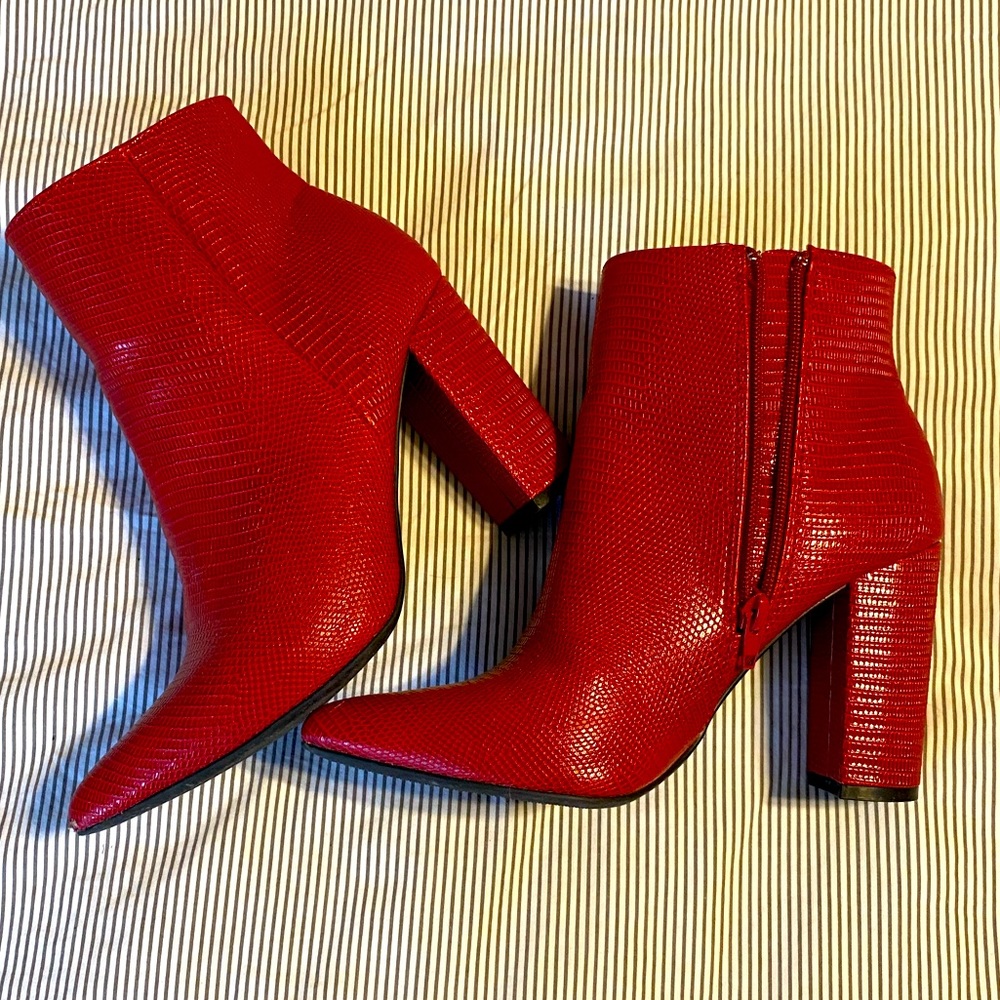 Red Pointed Toe Chunky Heel Booties